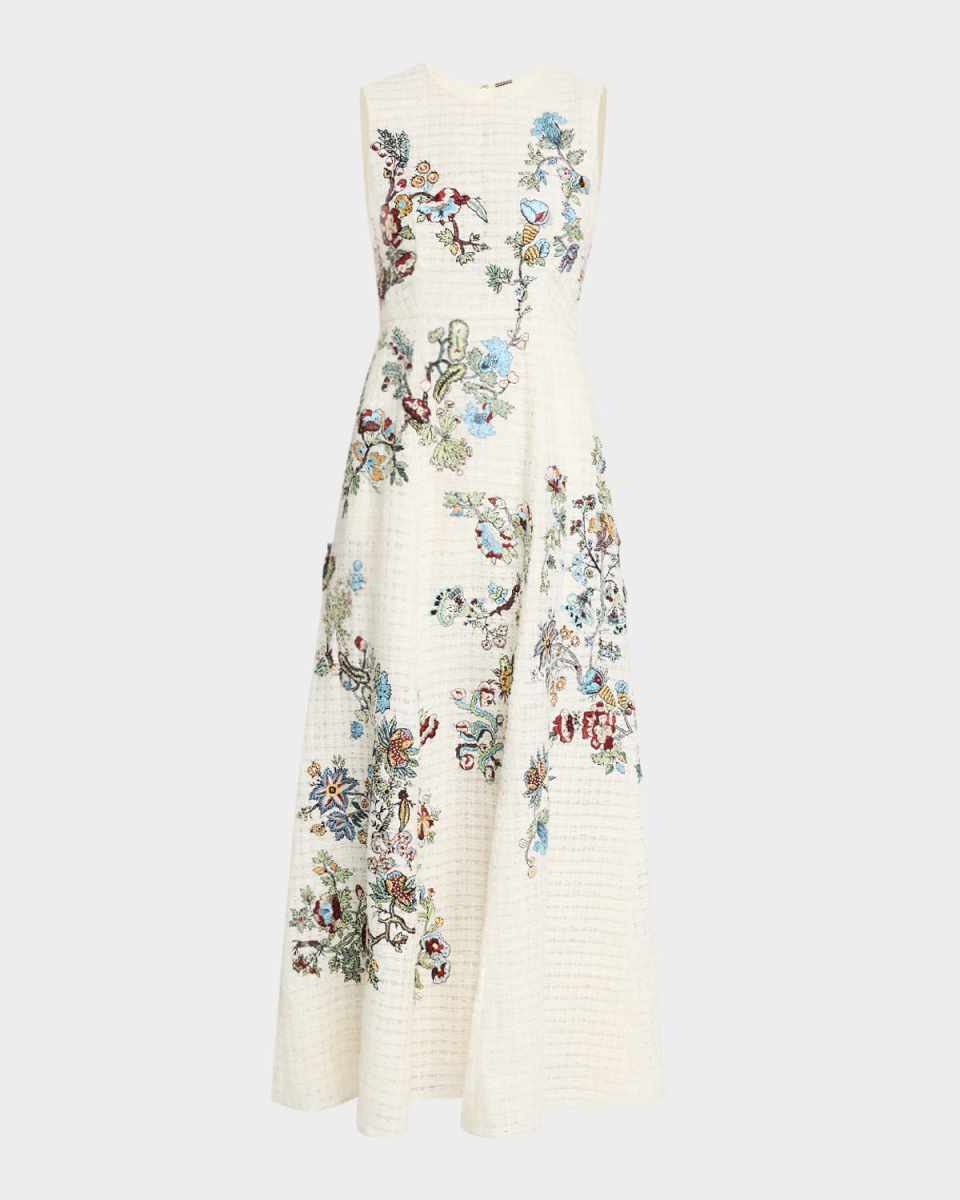 Eloise Embroidered Basketweave Tweed Maxi Dress